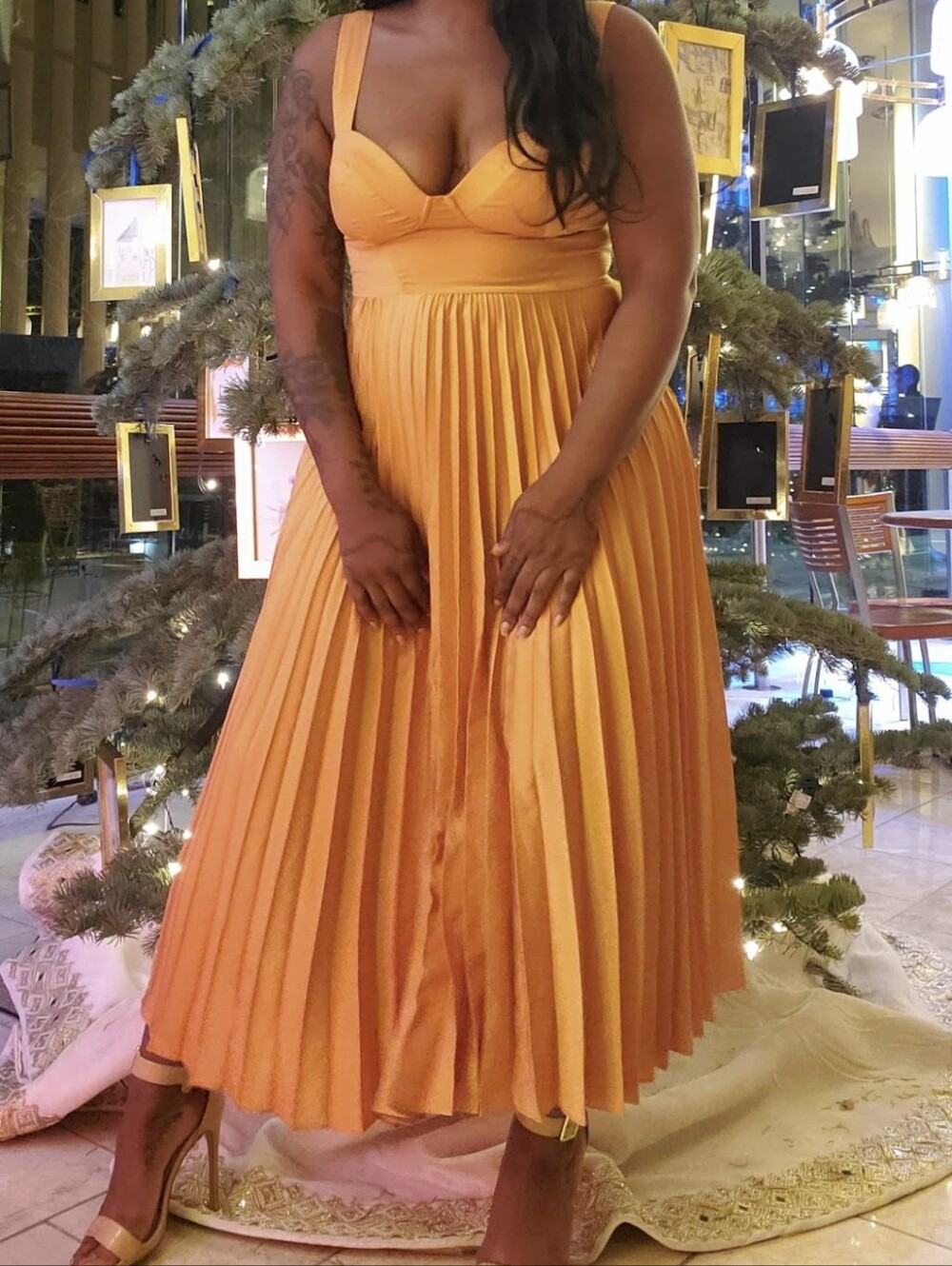 SHEIN Orange Pleated Bustier Maxi Dress